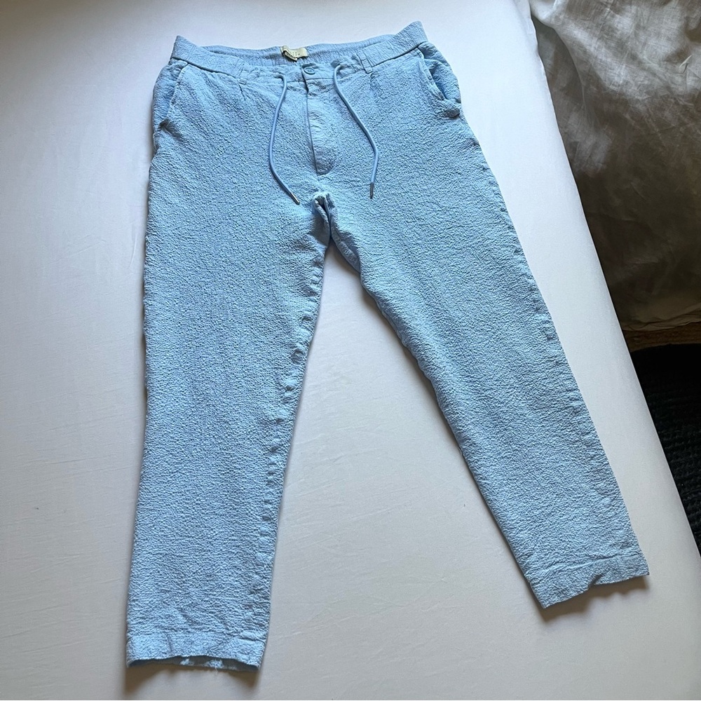 SALTY WEEKEND blue cotton blend seersucker crepe‎ tapered leg cropped pant